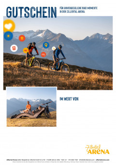 Gutscheinvorlage mit Bild von zwei Menschen auf dem Mountainbike vor hohen Bergen.