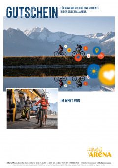 Gutscheinvorlage mit Bild von zwei Menschen auf dem Mountainbike vor Bergsee und beim Ausstieg aus der Gondel