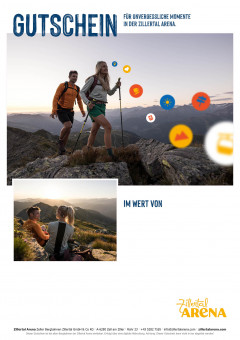 Gutscheinvorlage mit Bild von Paar beim Wandern im Hochgebirge