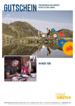 Gutscheinvorlage mit Bild von Paar beim Wandern vor Bergsee und bei der Hütteneinkehr