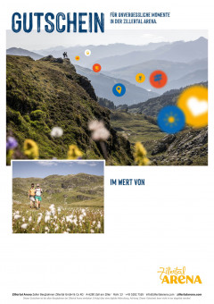 Gutscheinvorlage mit Bild von Personen auf einem Gipfel in schöner Berglandschaft mit Blumen