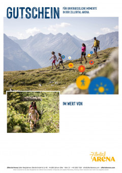 Gutscheinvorlage mit Bild von Familie beim Wandern am Berg