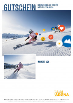 Gutscheinvorlage mit Bild von Skifahrer auf Piste bei blauem Himmel