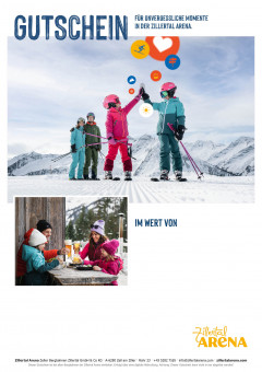 Gutscheinvorlage mit Bild von skifahrenden Kindern die sich High Five geben