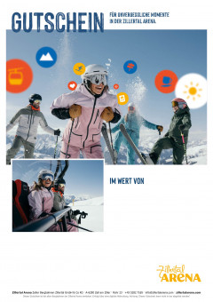 Gutscheinvorlage mit Bild von Gruppe Skifahrern am Berg mit lachenden Gesichtern