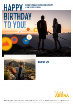Gutscheinvorlage für Geburtstag mit Bild von Par im Sonnenaufgang im Sommer am Berg