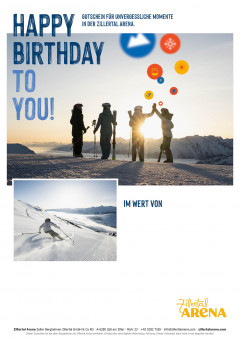 Gutscheinvorlage für Geburtstag mit Bild von Skifahrern am Gipfel bei Sonnenaufgang