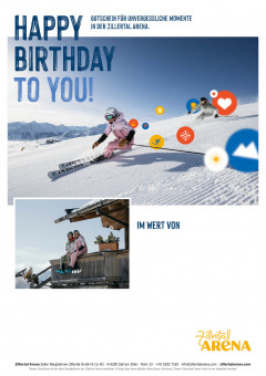 Gutscheinvorlage für Geburtstag mit Bild von Skifahrer auf der Piste und vor einer Hütte