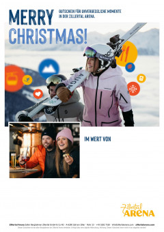 Gutscheinvorlage für Weihnachten mit Bild von 2 Skifahrern, die ihre Ski tragen