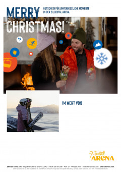 Gutscheinvorlage für Weihnachten mit Bild von einem Paar, das in der Hütte vor dem Kamin sitzt.
