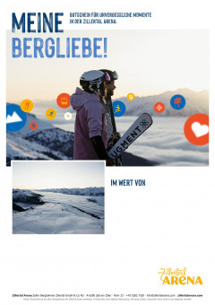 Gutscheinvorlage für Valentinstag mit Bild von einem Paar, das mit Ski in der Hand am Gipfel den Sonnenaufgang beobachtet