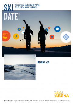 Gutscheinvorlage für Valentinstag mit Bild von einem Paar, das mit Ski Richtung Sonnenaufgang geht